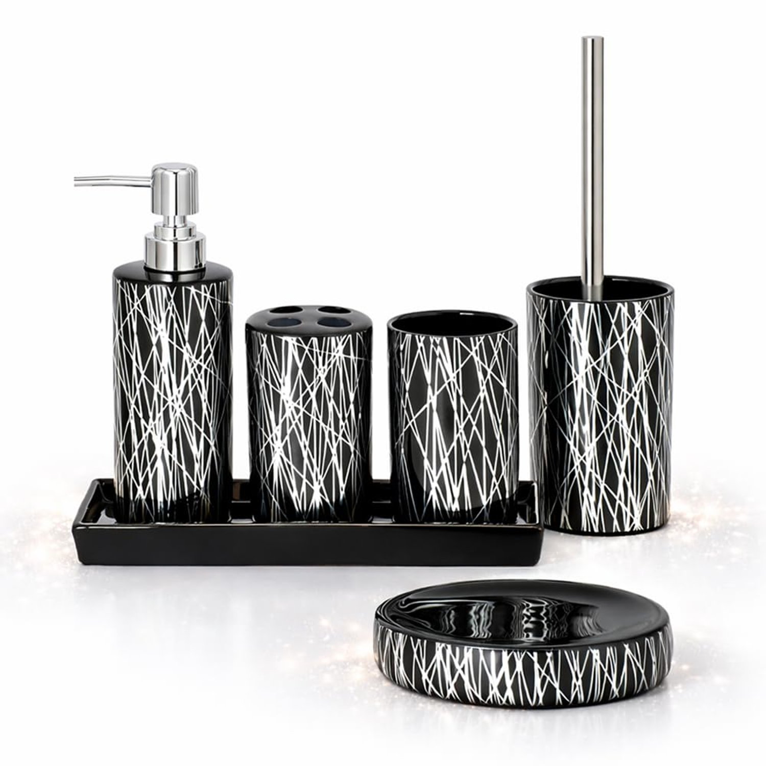 Home Harbour Modern Bathroom Collection | Set of 5/6 Bathroom Accessories | Soap Dispenser, Toothbrush Holder, Storage Holder, Tumbler, Tray Dish | Silver & White Décor (Set of 6 Collection Black)