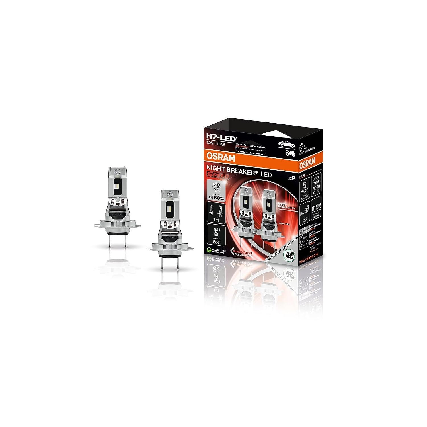Osram Night Breaker LED Speed H7 450, LED High and Low Beam with Road Approval, up to 450% more brightness, 6000K, quick installation, no mechanical accessories necessary, LEDEC02 integrated