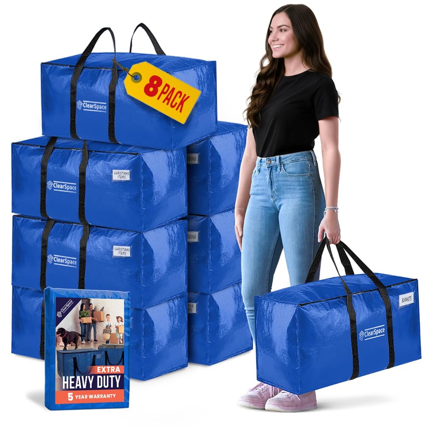 ClearSpace Heavy Duty Moving Boxes or Storage Bags – Storage Bins with Lids, Large Moving Bags with Backpack Straps & Handles – Moving Supplies for College Dorm or Christmas Decorations, 8 Pack