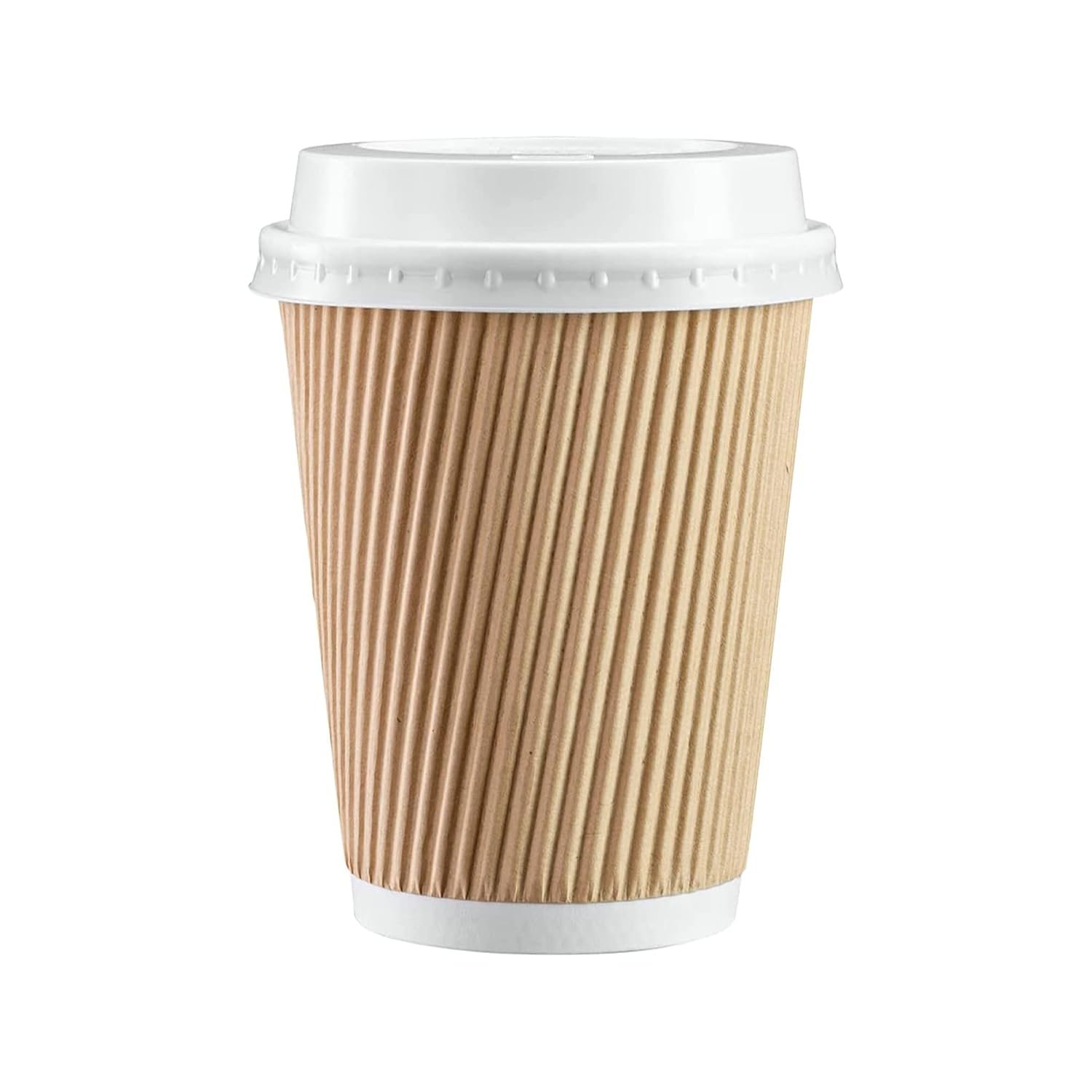 We Can Source It Ltd 200 x 12oz Ripple Brown Kraft Paper Cups - 3-PLY Disposable Insulated Coffee Cups with Secure White SIP Through Lids - Leak-Proof Durable Paper Cup for Tea, Coffee & Hot Beverages
