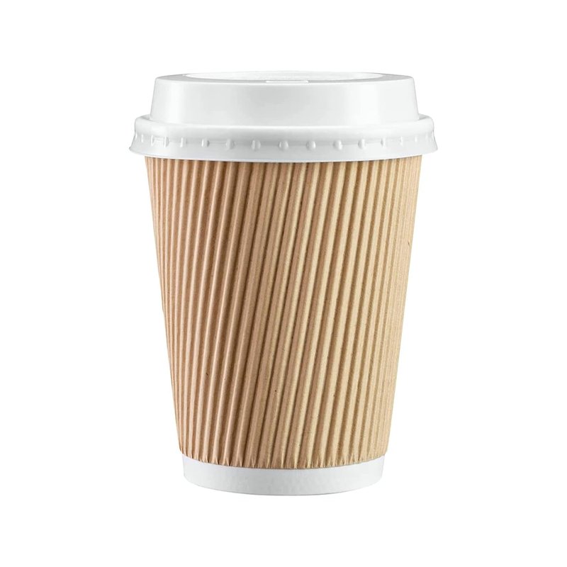 We Can Source It Ltd 200 x 12oz Ripple Brown Kraft Paper Cups - 3-PLY Disposable Insulated Coffee Cups with Secure White SIP Through Lids - Leak-Proof Durable Paper Cup for Tea, Coffee & Hot Beverages