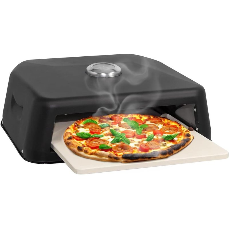 Trendi Grill Top BBQ Pizza Oven | Pizza Stone Included, for Electric, Charcoal & Gas Barbecue Grills – Temperature Gauge, Carry Handles – for up to 12” Pizzas | Pizza, Naan Bread, Meat, Fish & Veg