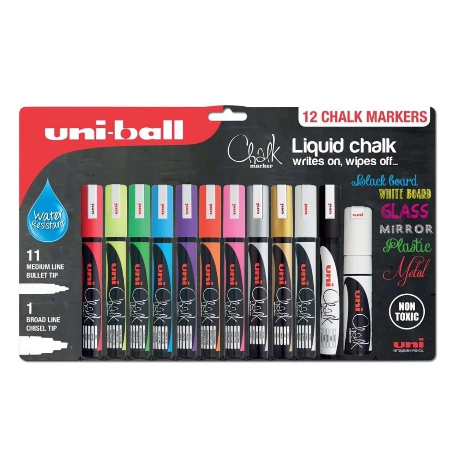 uni-ball Liquid Chalk Pens. Multi-Purpose Wipeable and Erasable Coloured Markers for Blackboards Chalkboards Whiteboards Glass Mirrors Plastic Windows Metal. Non Toxic. Multipack Set of 12