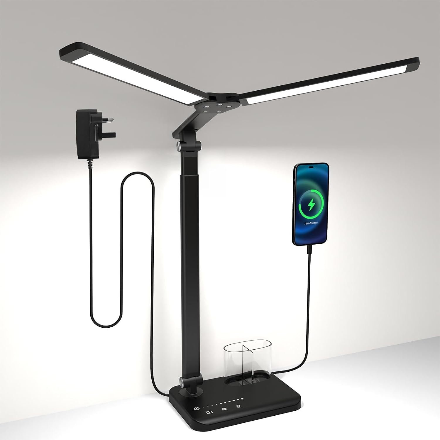 Woputne Desk Lamp, Dual Heads, Height Adjustable, USB Charging Port, 5 Light Modes & Dimmable, Bedside Lamp for Reading, Crafting, Work, Study (Black, 15W)