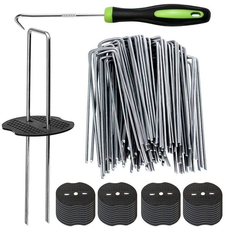 Bakulyor 100 Weed Control Membrane Pegs + 100 Buffer Washer, 6"/150mm Weed Mat Peg, Metal Garden Landscape Staples Artificial Grass Pins Ground Cover Mossing Fabric Artificial Barrier Stake Assesories