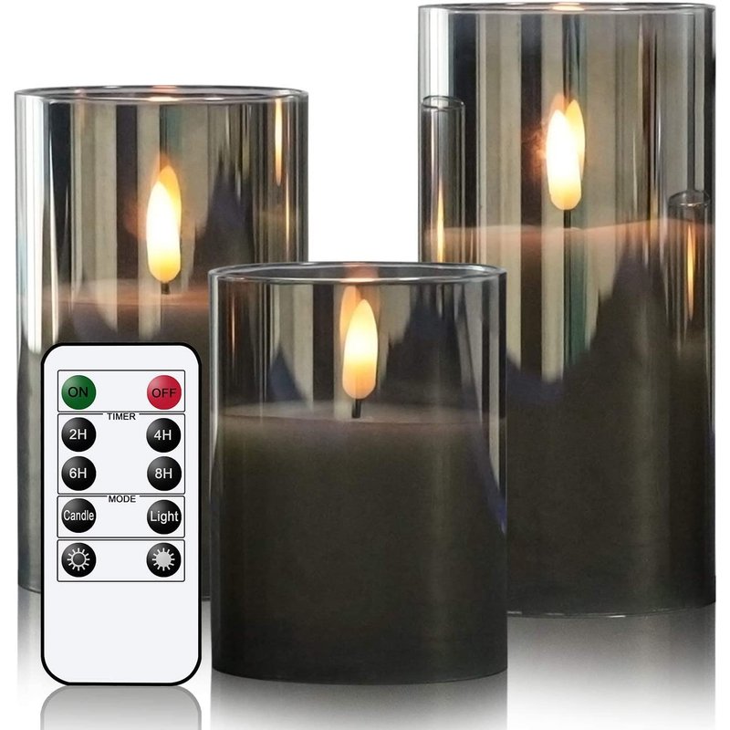 Eldnacele Gray Glass LED Candles with Remote, Battery Operated Flickering Flameless Candles with Timer, 3 Pack Fake Candles for Home Decor((D3'' x H4'' 5'' 6'')