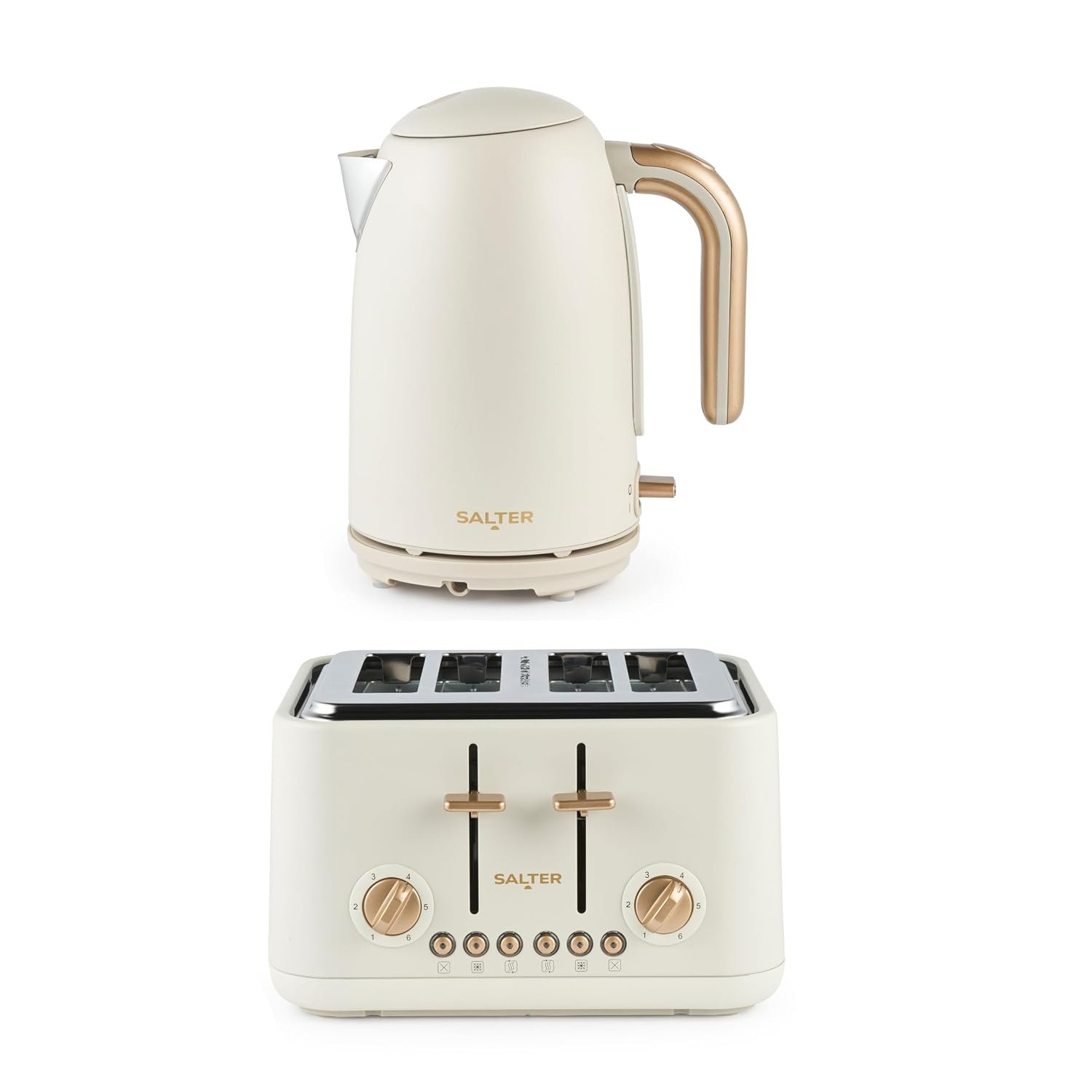 Salter Pebble Kettle & 4-Slice Toaster Set – 1.7L Fast Boil Kettle Removable Limescale Filter, Boil-Dry Protection, 4-Slice Wide Slot Toaster, 6 Browning Levels, Removable Crumb Tray, Stone