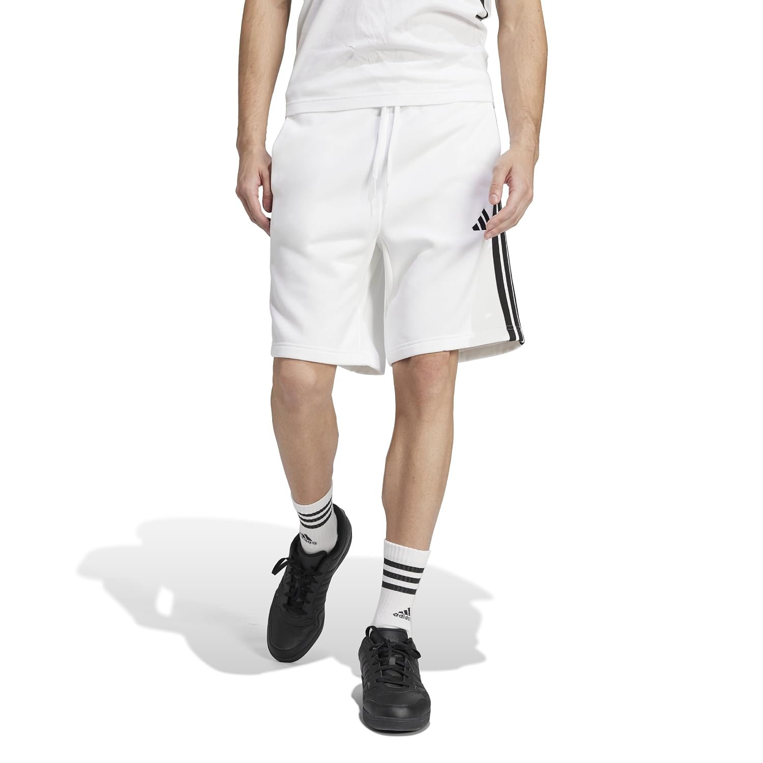 adidas Men's Essentials 3-Stripes Fleece 9-inch Shorts, White/Black, XXS