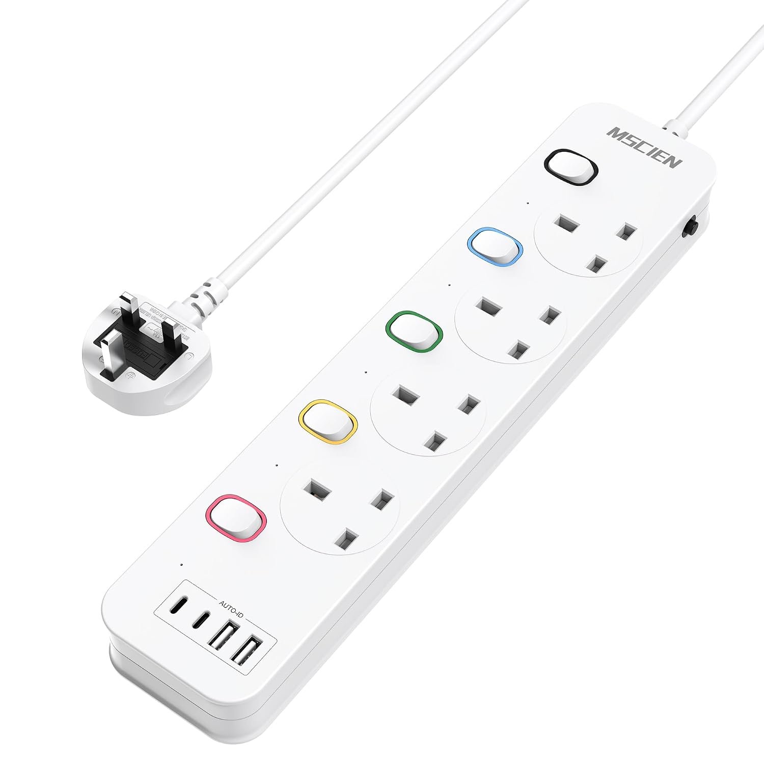 Mscien Extension Lead with USB Slots 1M, 4 Way Switched Extension Lead with Wall Mount, Overload Protection Power Strip, USB-C Slots, for Home, Office, 13A/3250W
