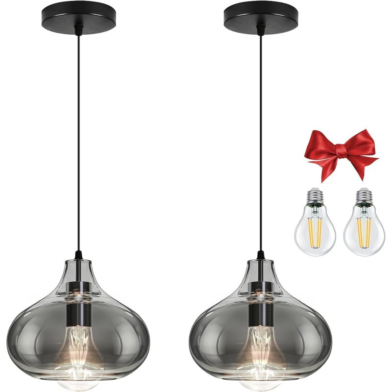 Bravsekai Mini Smoke Gray Glass Pendant Light, Suitable for Accent Lighting Over Cozy Spaces, Kitchen Nooks & Bedside, Includes 2 LED Bulbs & Adjustable Cord(18cm, 2-Pack)