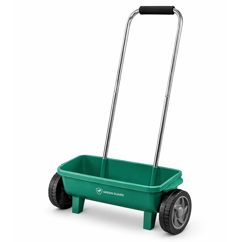 Green Guard Lawn and Garden Seed Spreader on Wheels - 12L Drop Lawn Feed Spreader for Fertiliser, Feed and Grass Seed - Adjustable Handle & Flow Control, Large Wheels Garden Spreader