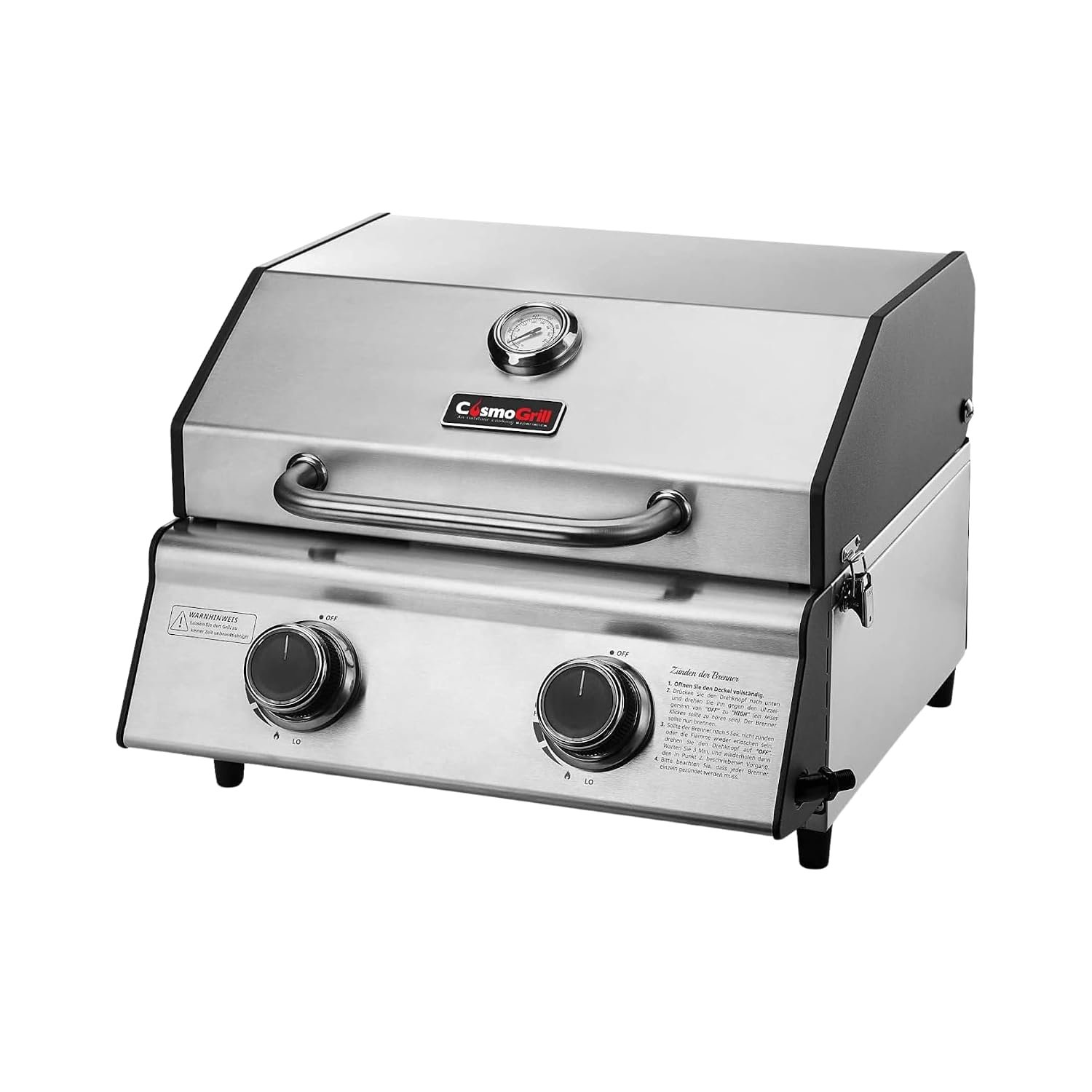 CosmoGrill Compact Gas Stainless Steel 2 Burner Barbecue, Built-in Temperature Gauge for Patio Terrace, Camping, Home Garden Party Outdoor BBQ Table Top Cooking