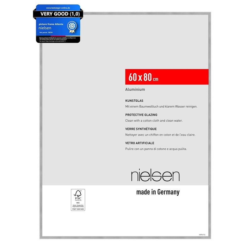 nielsen Atlanta Aluminium Picture Frame - Brushed Silver 60x80cm - with Synthetic Glass and Push-Turn Clips