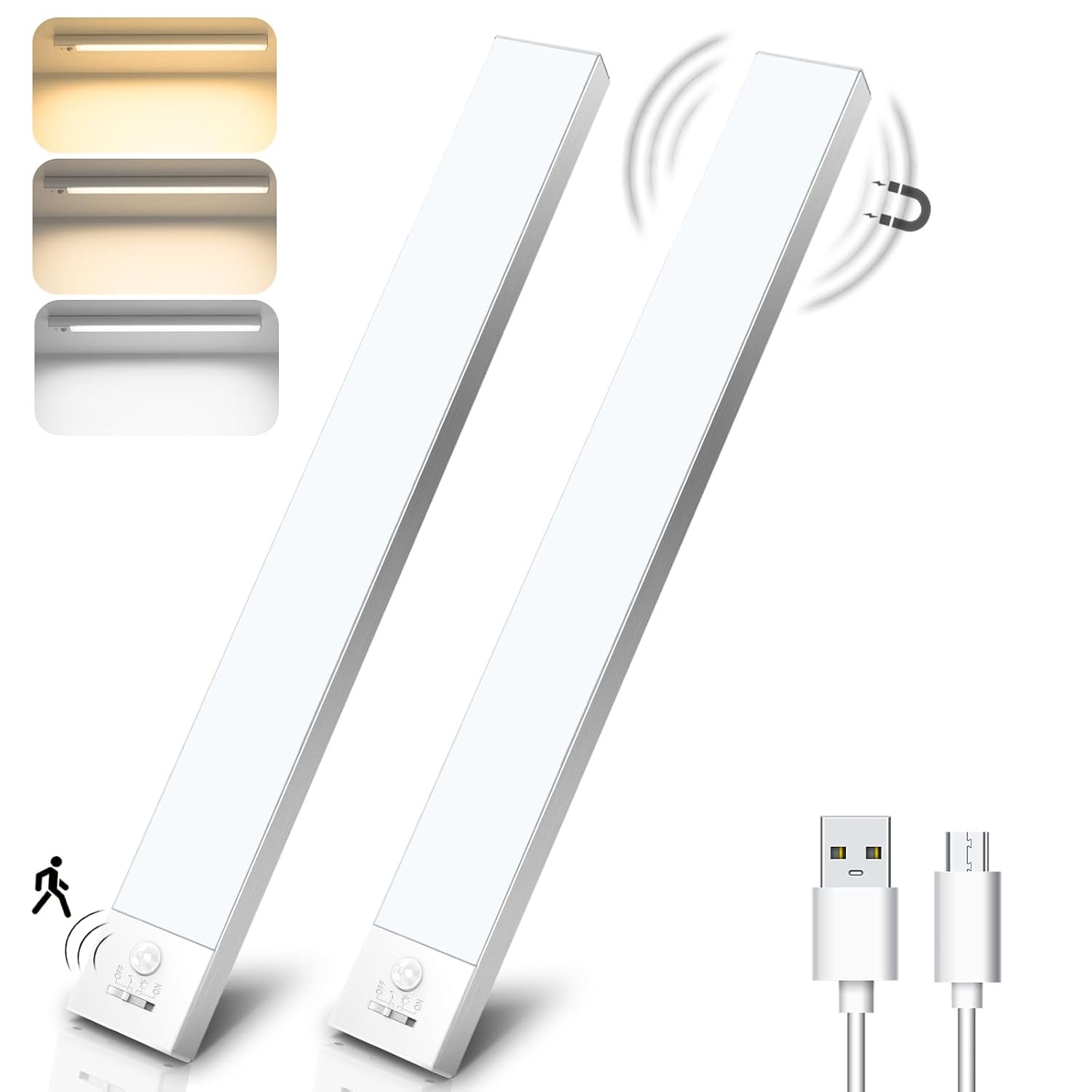 OUILA 60cm 2 Packs Ultra Long Under Cabinet Kitchen Lights, 5000mAh Rechargeable Motion Sensor Lights Magnetic Mount for Wall Cupboard Closet Wardrobe, 3 Colors