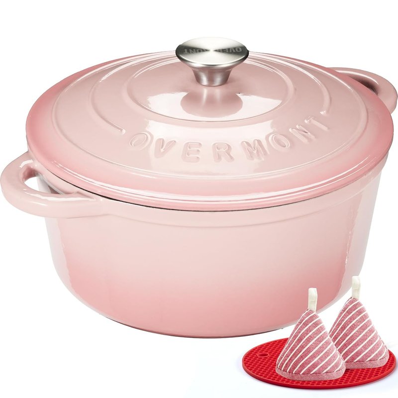 Overmont Enameled Cast Iron Saucepan - Non-Stick Dutch Oven with Lid - Diameter 24 cm Round Cocotte for Suitable for Hobs and Induction Ovens - Pink