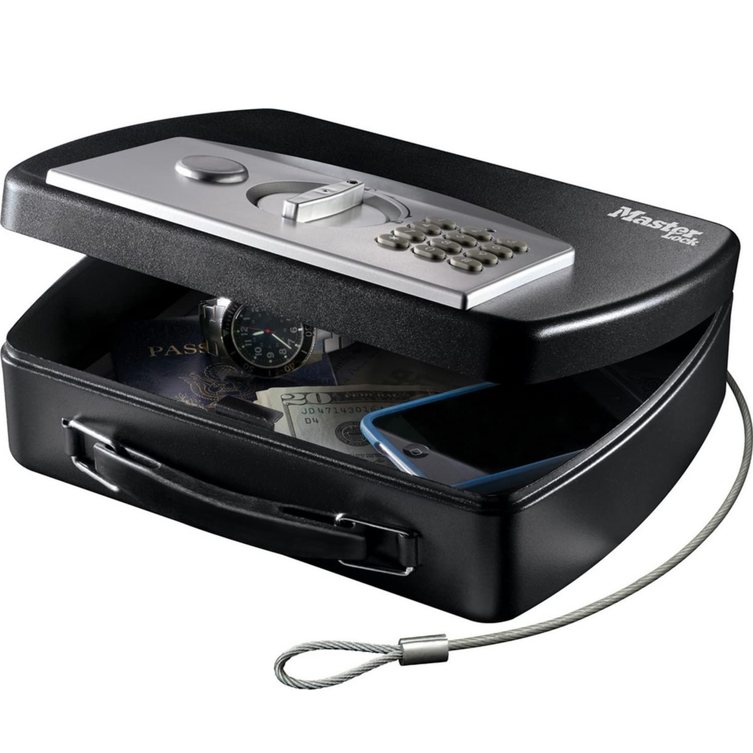 Master Lock P008EML Compact Portable Safe (Combination with Cable), Black/Grey