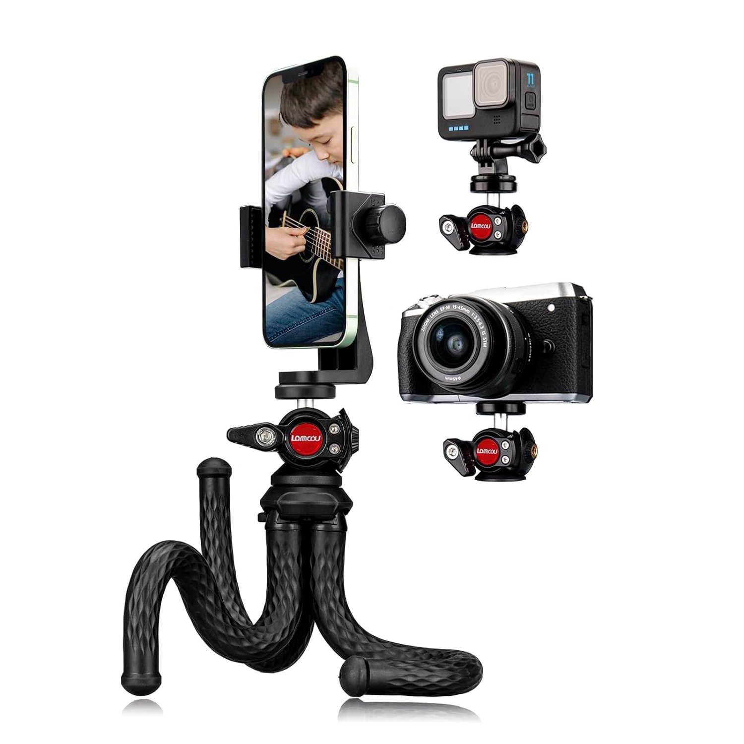 Lammcou Gorilla Pod Tripod for Smartphone, Flexible Phone Tripod with 360° Ball Head & XL Vertical Horizontal Phone Clamp Mount, Octopus Bendy Tripod for Vlogging Live Streaming Video Recording