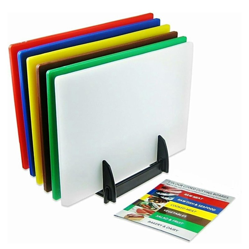 Acense Professional Large Colour Coded Chopping Boards for Commercial Kitchen with Rack - 45 x 30 x 10mm - Assorted Set of 6