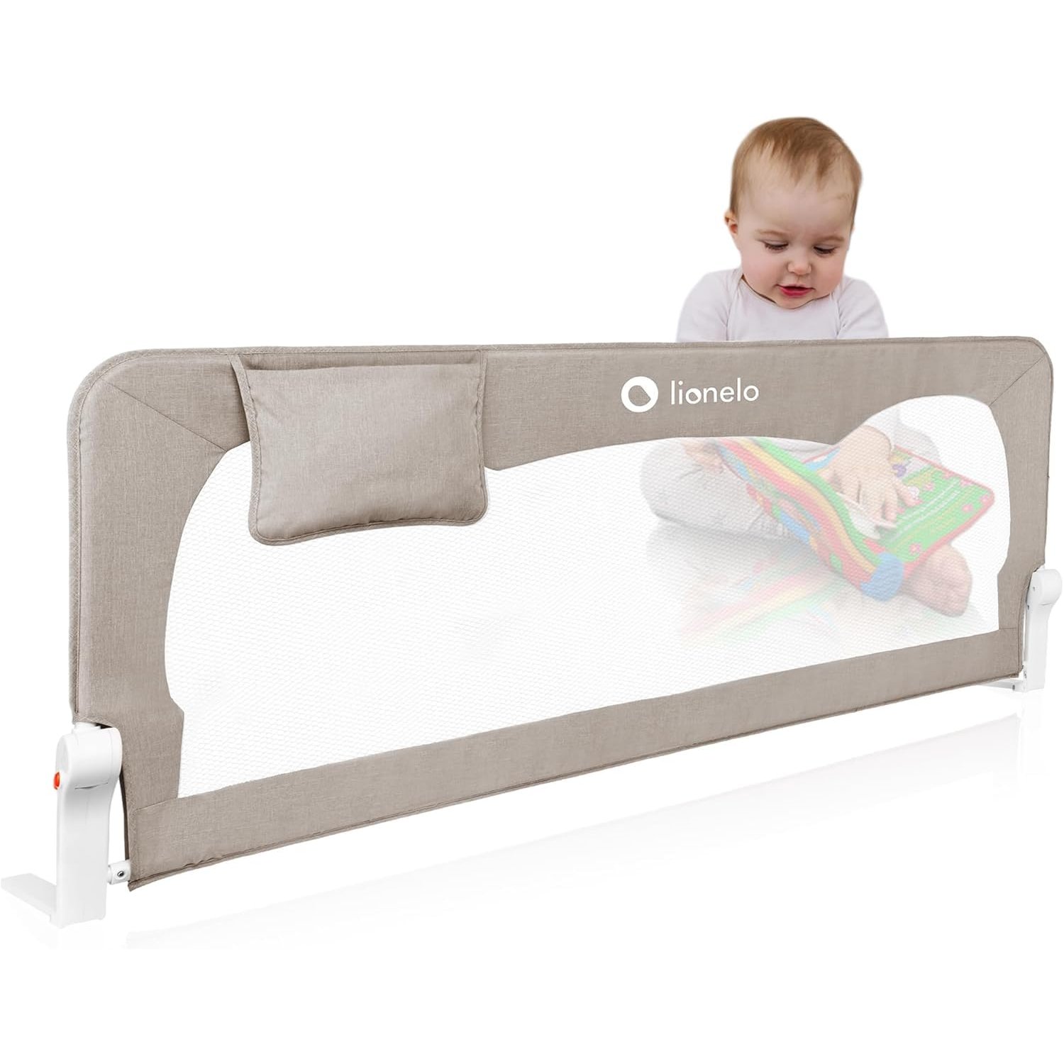 lionelo Bed Rail Guard HANNA 150L x 66H cm Extra-Tall Universal Safety Bed Barrier for Toddlers, Foldable 180° with tilt adjustment, Mesh Fabric, SecureBelt Straps, Safe Lock, Pocket, Easy to Install