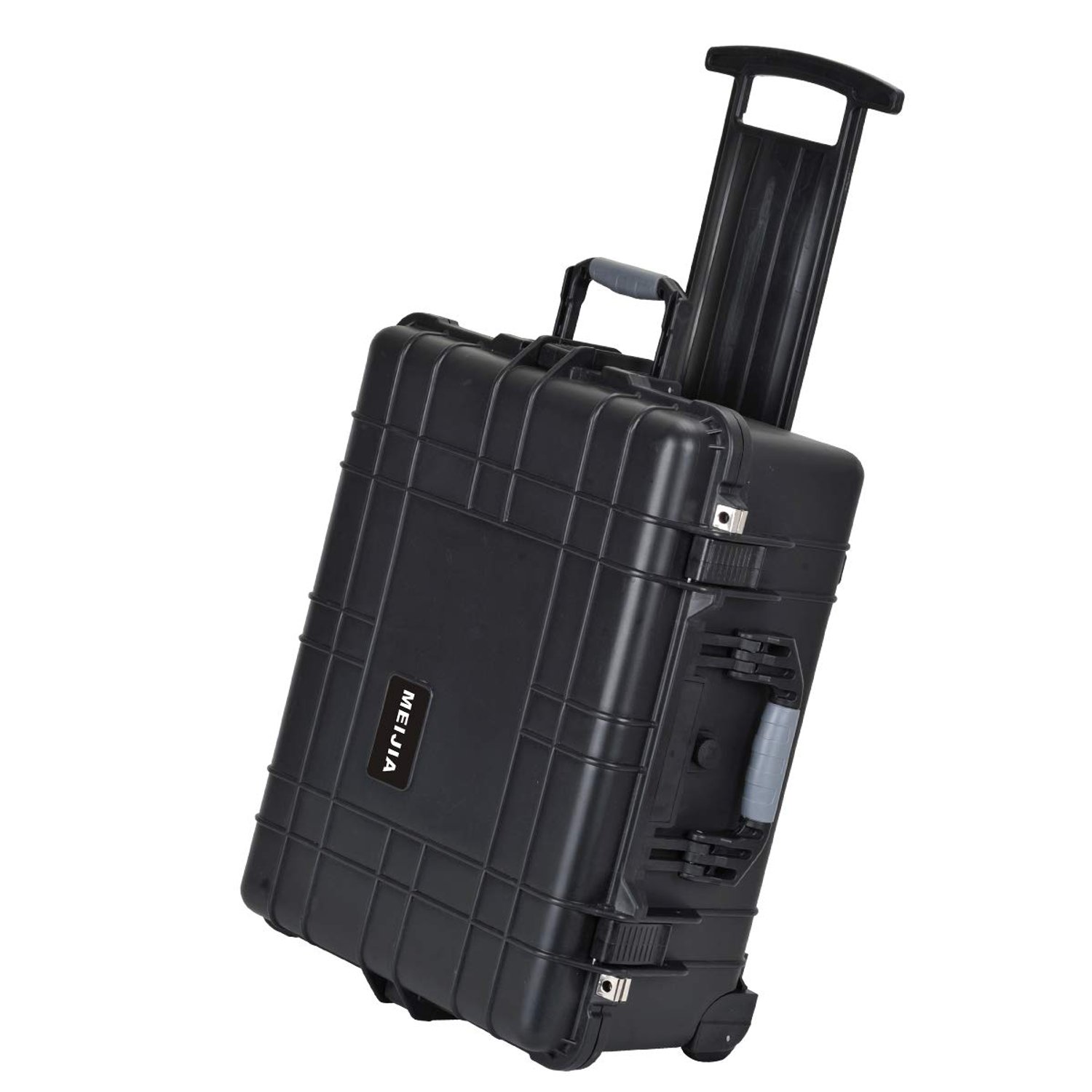 MEIJIA Waterproof Protection Hard Compact Camera Case with Retractable Pull Handle and Rolling Wheels,Foam Inserted, Elegant Black, 24.64 X19.39 X13.78 inches