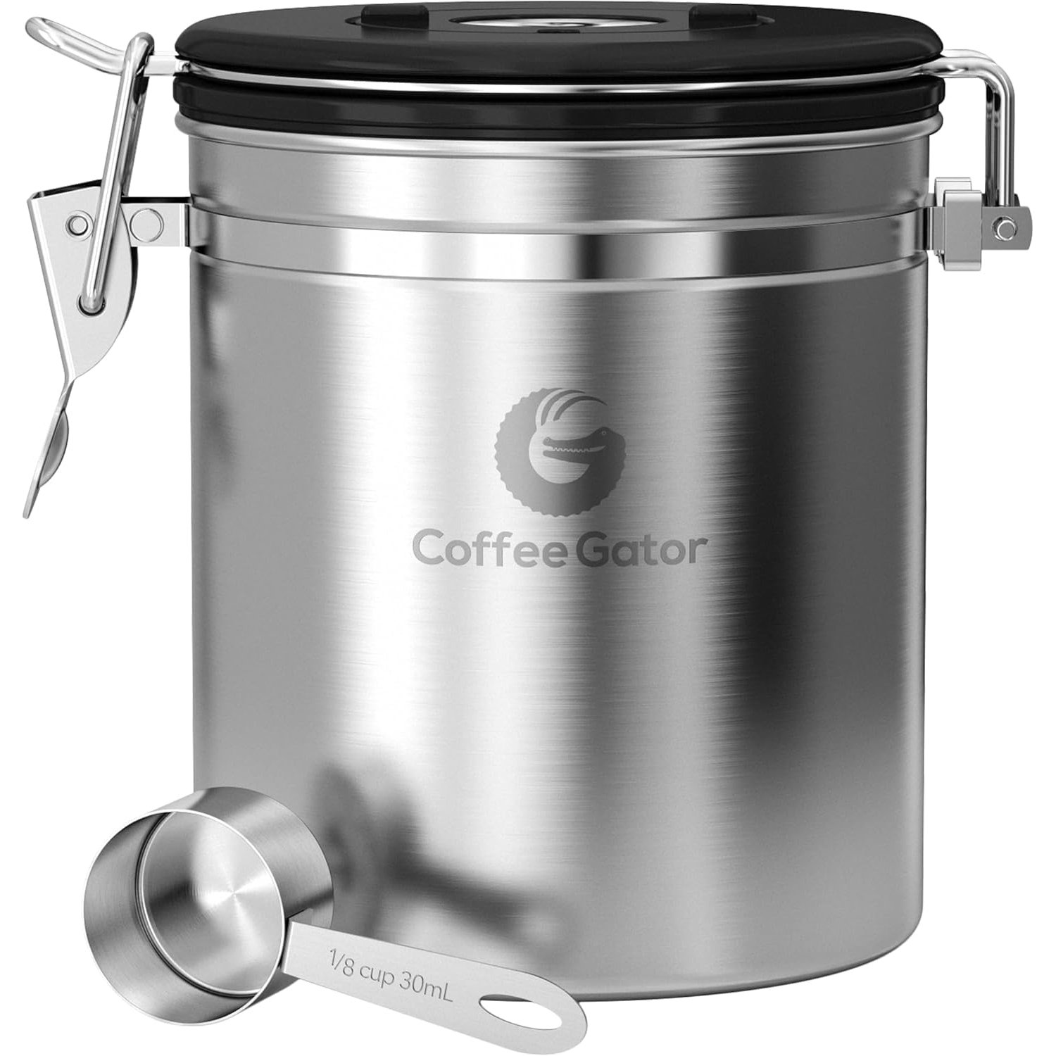 Coffee Gator Coffee Canister Airtight 1300 mL, Stainless Steel Kitchen Food Storage Container with Date Tracker, CO2 Valve, Scoop for Grounds Coffee, Beans,Tea, Sugar, Flour, Snacks
