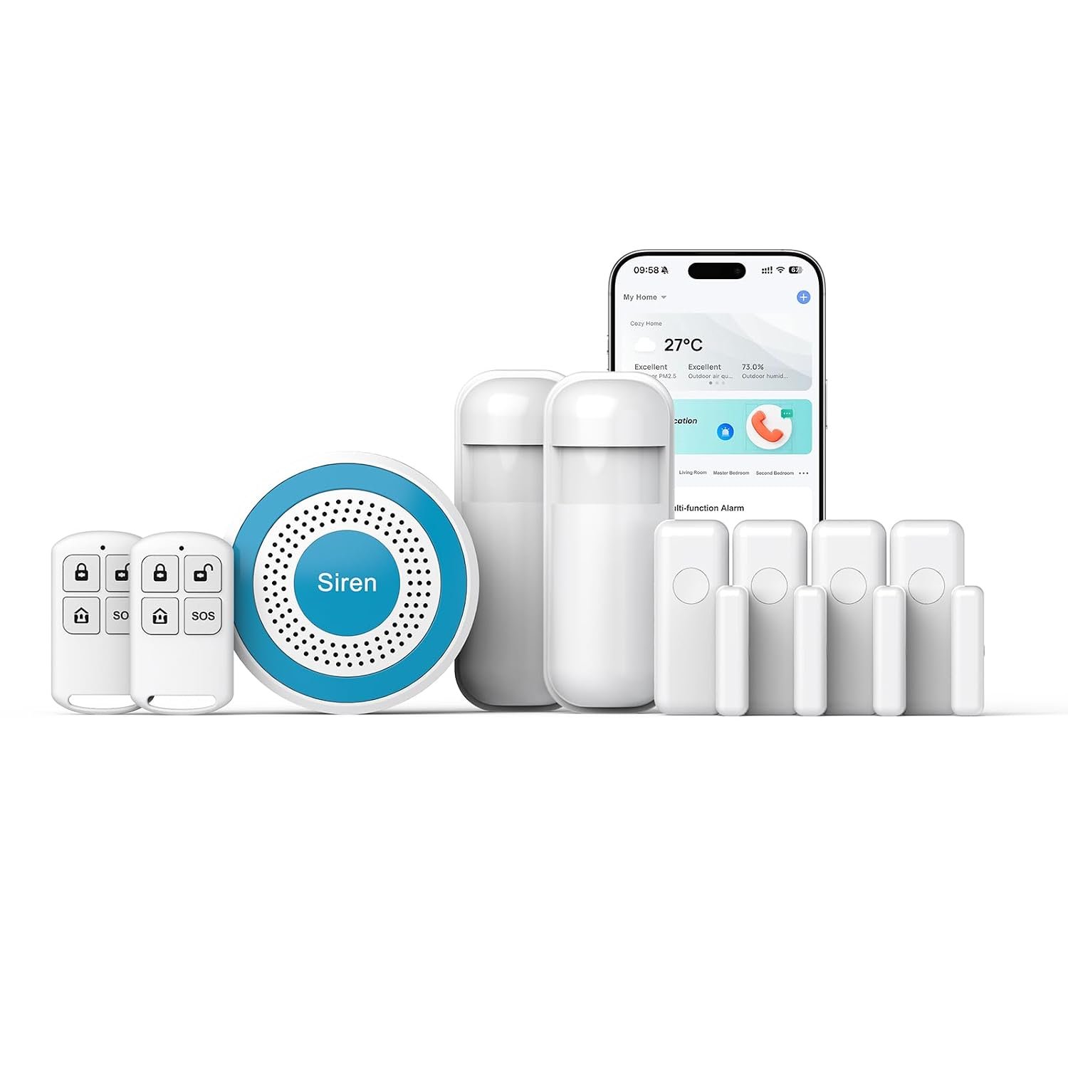 Hapippofa Smart Home Security Systems - 9-Piece Wireless Alarm Kit,Mobile App Alerts,4 Door/Window Sensors,2 Motion Detectors & 2 Remotes for Home,Garage,RV (2.4GHz WiFi,No Monthly Fee)
