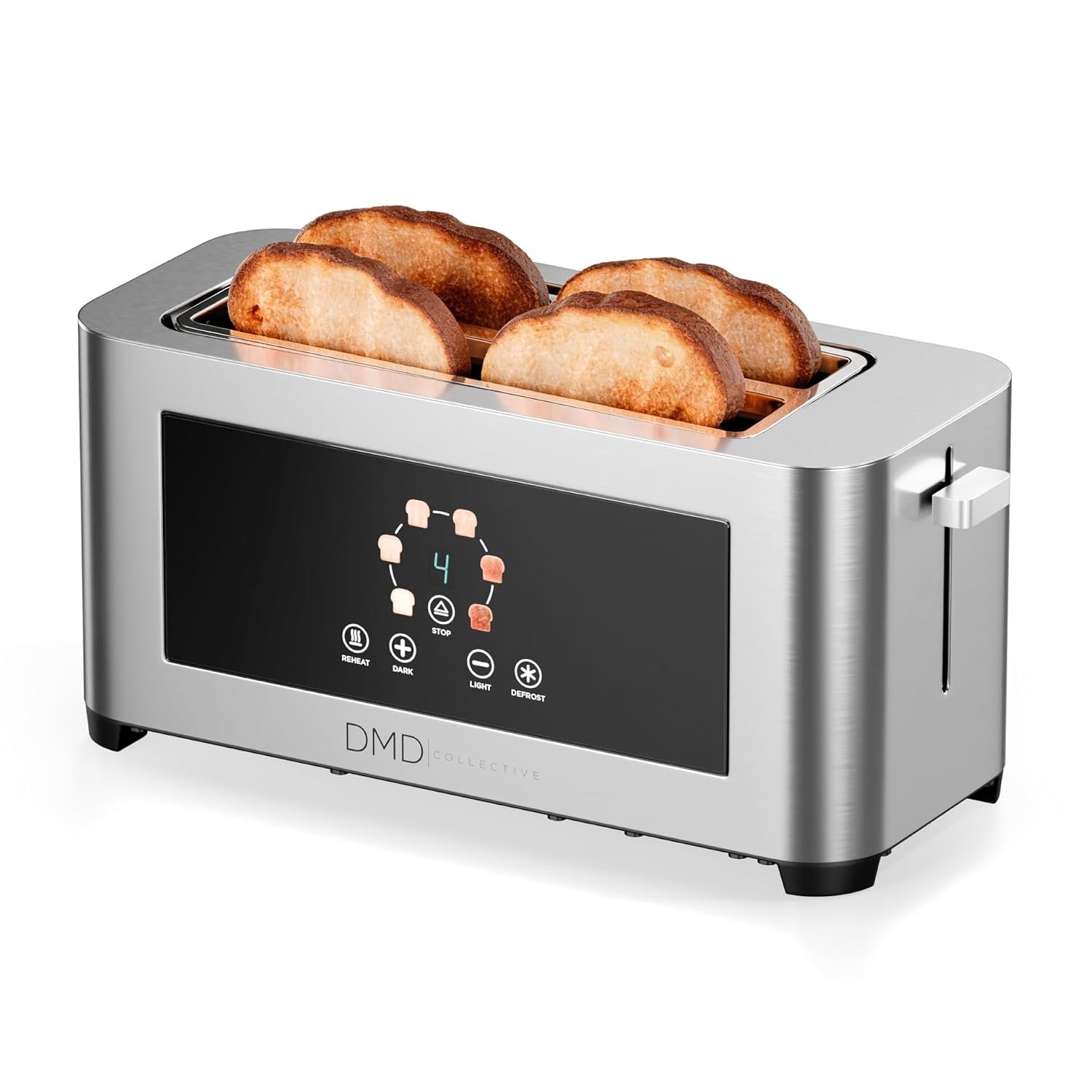 DMD Collective - 4 Slice Long Slot Toaster Stainless Steel – Extra Wide Slots, Digital Touch Control, 6 Browning Levels, Defrost Reheat & Cancel Functions, 1400W Toaster for Thick & Thin Bread