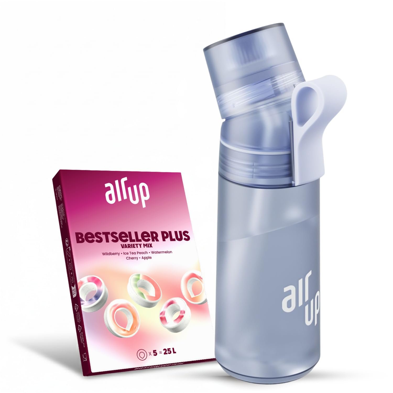 AIR UP water bottle Twist Pro original starter set with pods in 5 flavours I 600ml water bottle with sugar-free flavouring I dishwasher-safe, BPA-free I Colour Blueberry purple