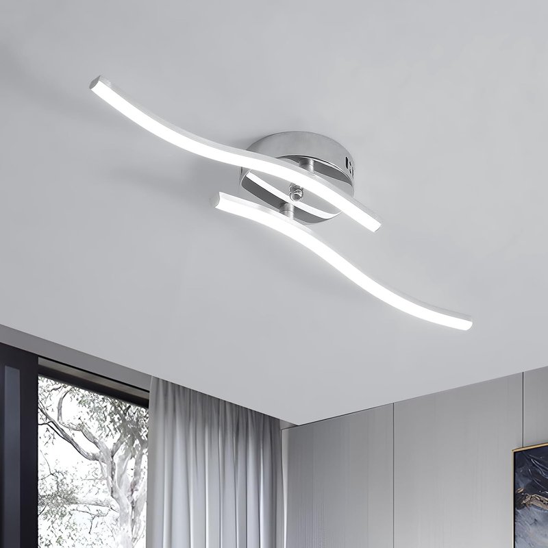 Goeco LED Ceiling Light, Modern Curved Chandelier with 2 LED Boards Cold White Light 6500K 14W Silver Light Fitting for Bedroom Living Room Kitchen Hallway, 20.5 inch * 4.5 inch