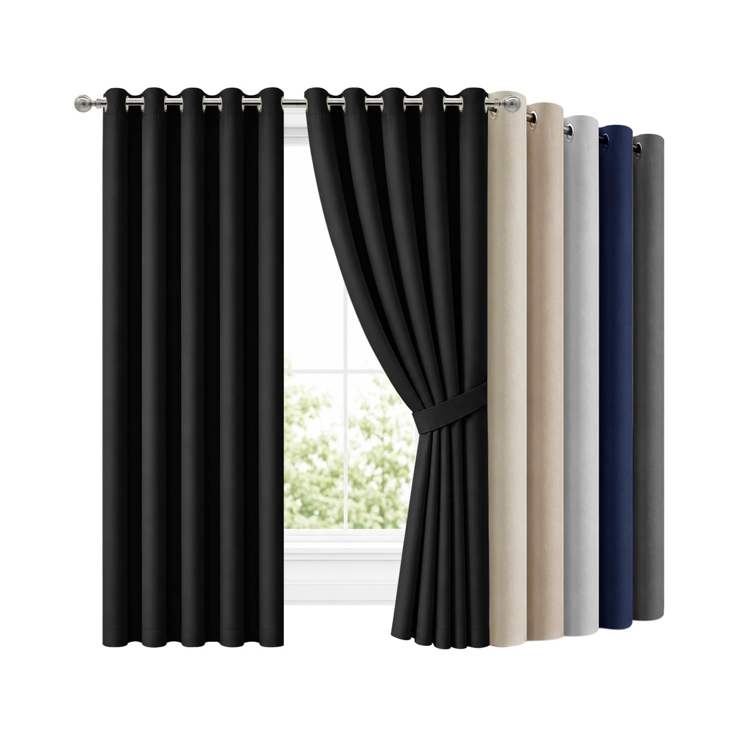 Hafaa Blackout Curtains for Bedroom 66x84 Inch Eyelet Black Curtains for Living Room Super Soft Thermal Curtain and Drapes 2 Panels with Tiebacks