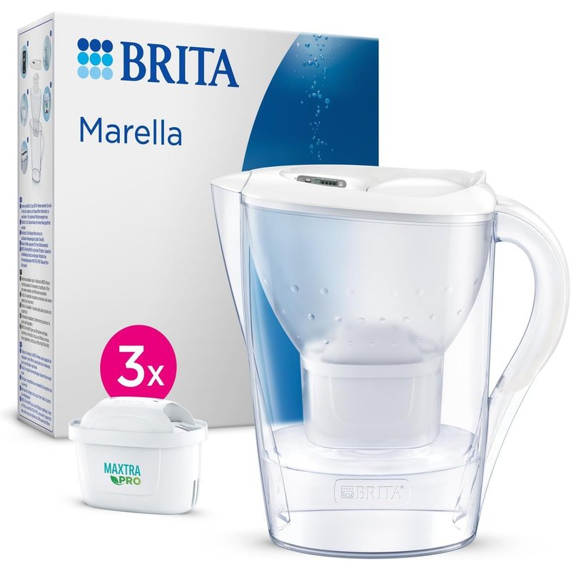 BRITA Marella Water Filter Jug White (2.4L) Starter Pack incl. 3x MAXTRA PRO Pure Performance cartridge - fridge-fitting jug with digital LTI and Flip-Lid - now in sustainable Smart Box packaging