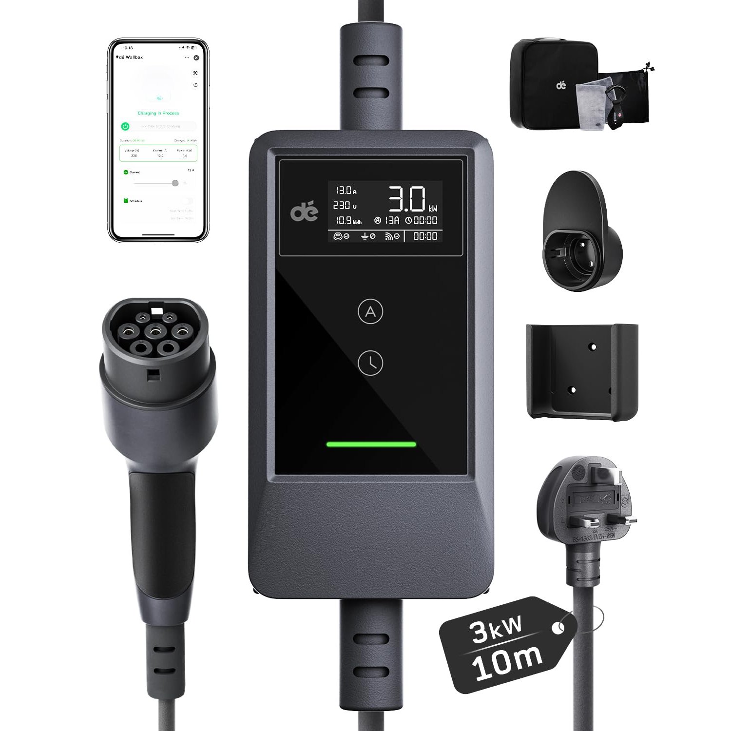dé EV Charger 3 Pin Plug 10m with App, 3kW 6-13A Granny Charger with IP66 & Type A RCD Protection, Adjustable 3 Pin EV Charger, Electric Car Charger for Model Y/3, Q4, Enyaq and other Type 2 EVs/PHEVs