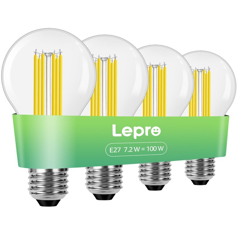 Lepro E27 Screw Bulb, A-Rated Ultra-efficient LED Bulb, 7.2W = 100W, 1521lm, 2700K Warm White, 50000H Lifespan, Clear Filament, Vintage Glass, Non-dimmable, Pack of 4