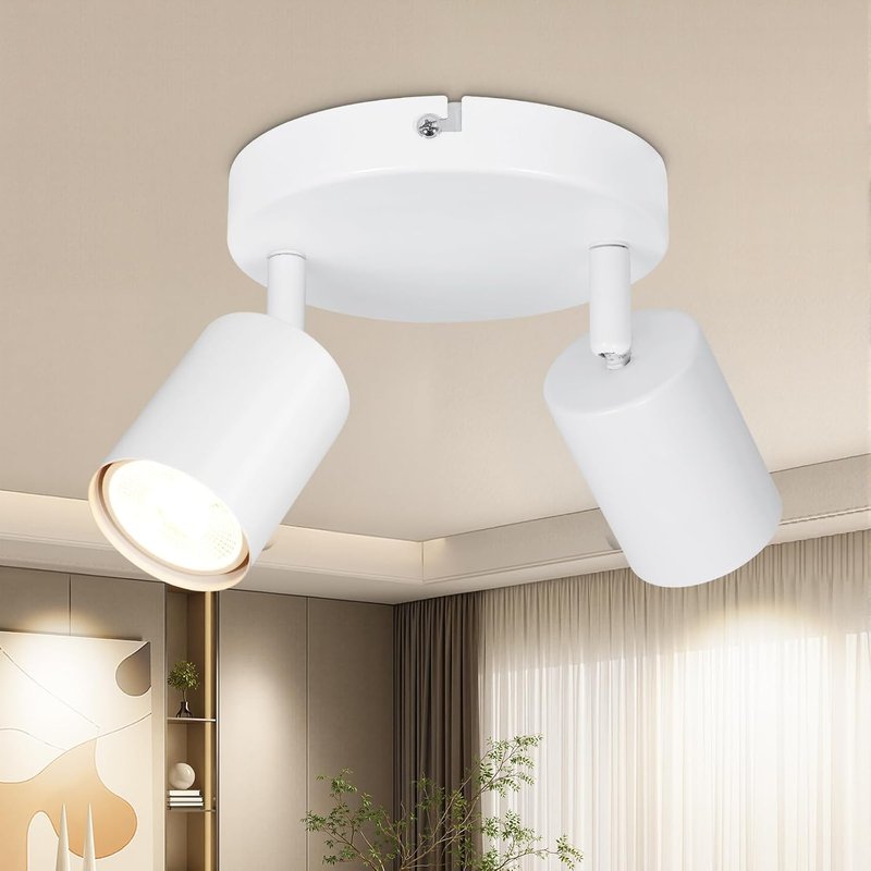 Dehobo GU10 LED Ceiling Light with 2 Spotlights, 350° Swivel, Modern Design, Round White, Indoor Wall Light for Kitchen, Living Room, Bedroom, Without Bulb