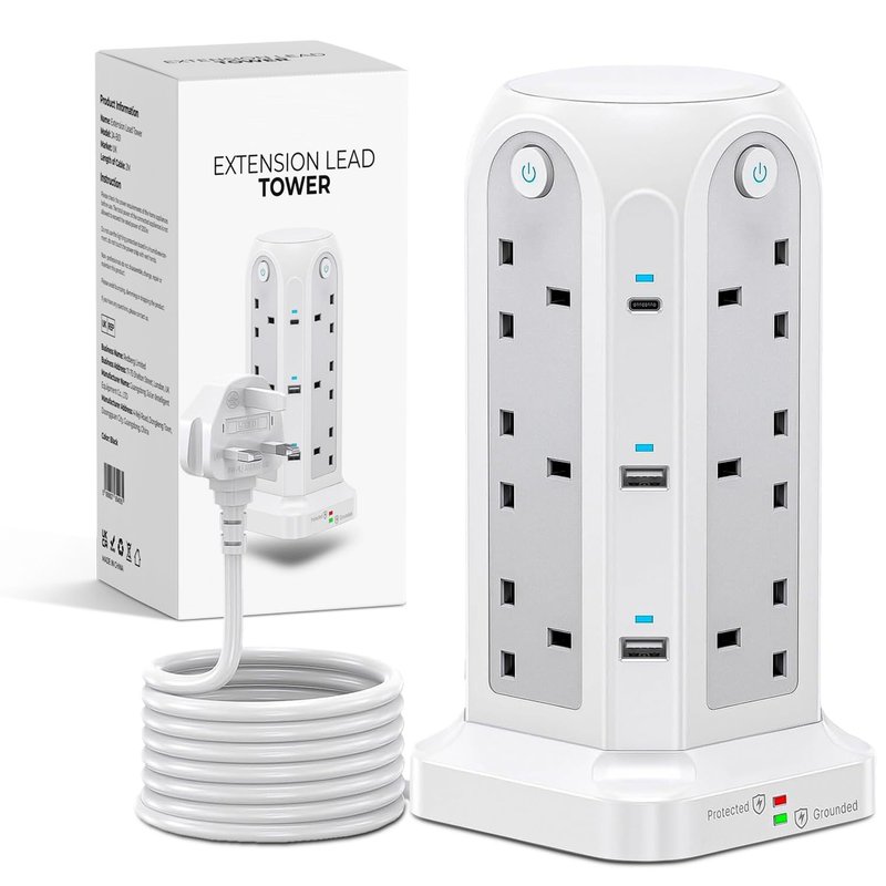 Wolf Power Tower Extension Lead with USB Slots, 18-IN-1 Surge Protected Lead with 2M Extension Cable, 12 UK Plug Sockets, 2 USB-C & 4 USB-A Ports, 4 Switches, Ideal for Home, Office & Workshop