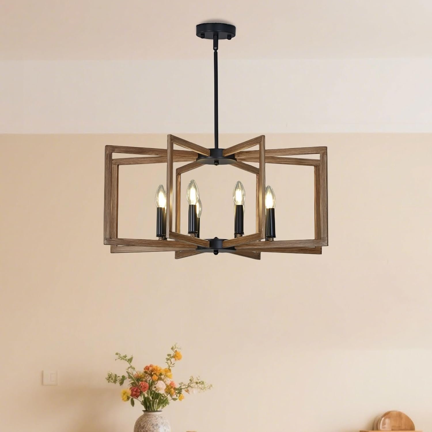 GHiycotdl Modern Farmhouse Chandelier,Vintage Pendant Light for Kitchen Island,Height Adjustable Metal Rustic Industrial Chandeliers for Entryway Hallway Foyer Bedroom (Wood Texture,8 Lights)