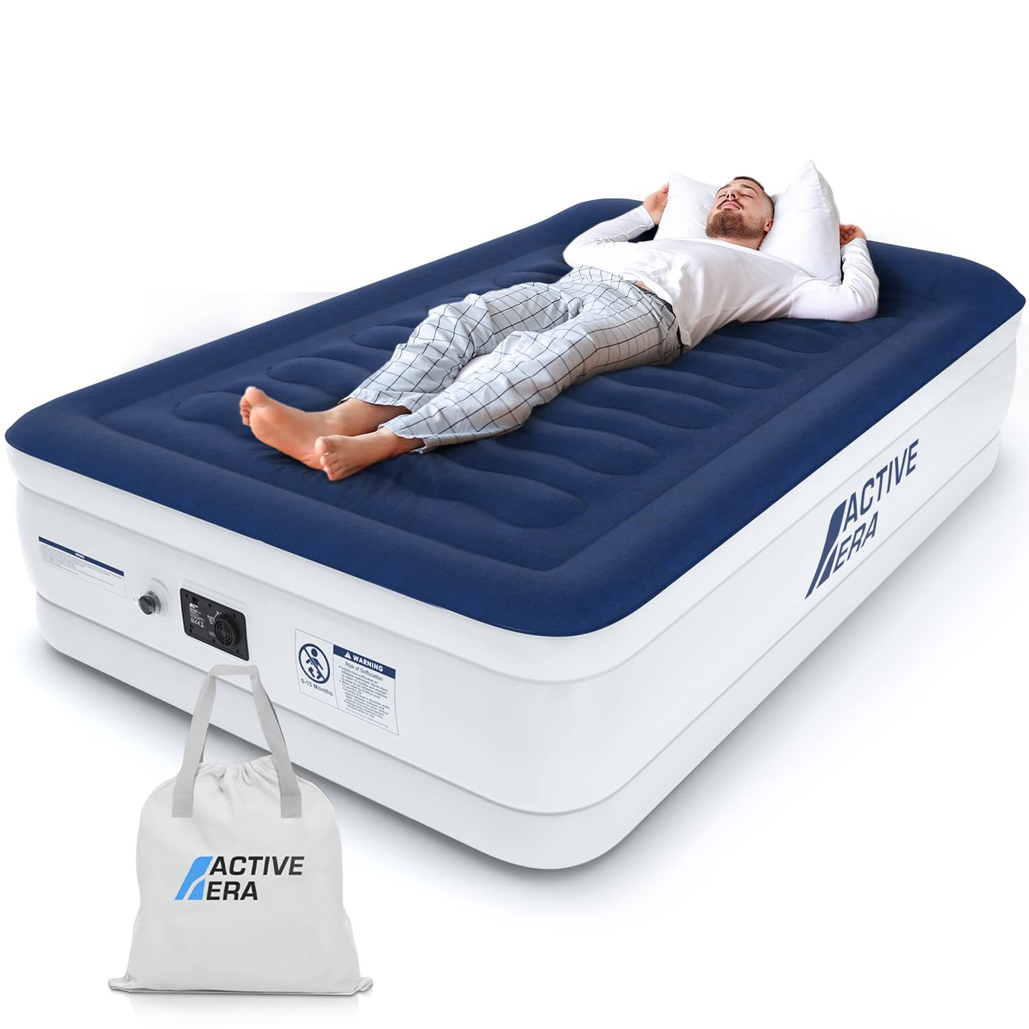 Active Era Luxury Double Inflatable Mattress with Built-in Electric Pump | Puncture-Resistant Flocked Airbed for Home Guests & Camping | Fast 3-Min Inflation Raised Air Mattress 193x137x36.5cm