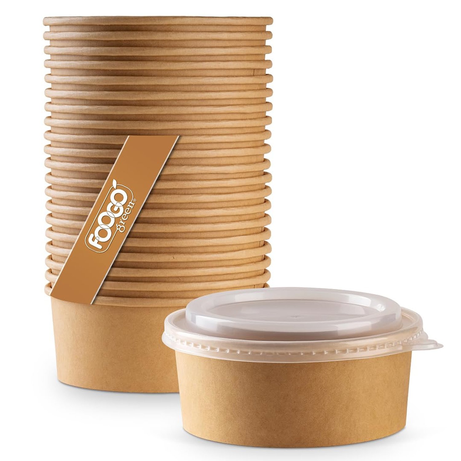 FOOGO Green 500Pcs 750ml 26oz Kraft Salad Bowls with Lids, FSC® Certified, Disposable Paper Food Containers for Hot & Cold Food, Leakproof Microwave & Freezer Safe, EcoFriendly Takeaway & Meal Prep