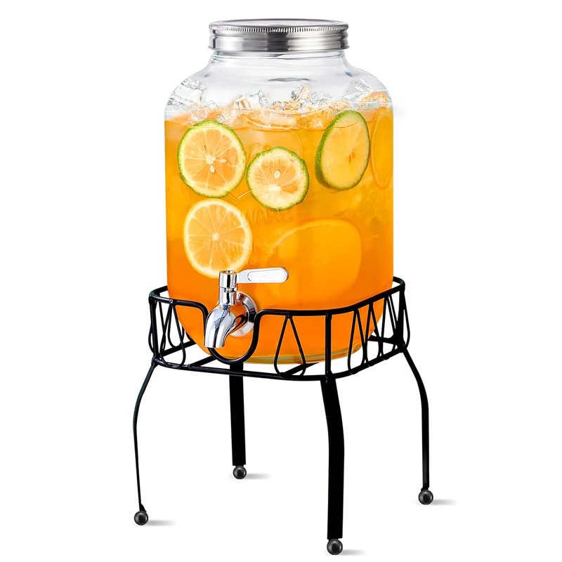 Glass Beverage Dispenser with Stand, Stainless Steel Spigot and Lid, Glass Drink Dispensers for Parties, Drink Dispensers with Lids for Lemonade Sun Tea Mason Jar (1, gallons)