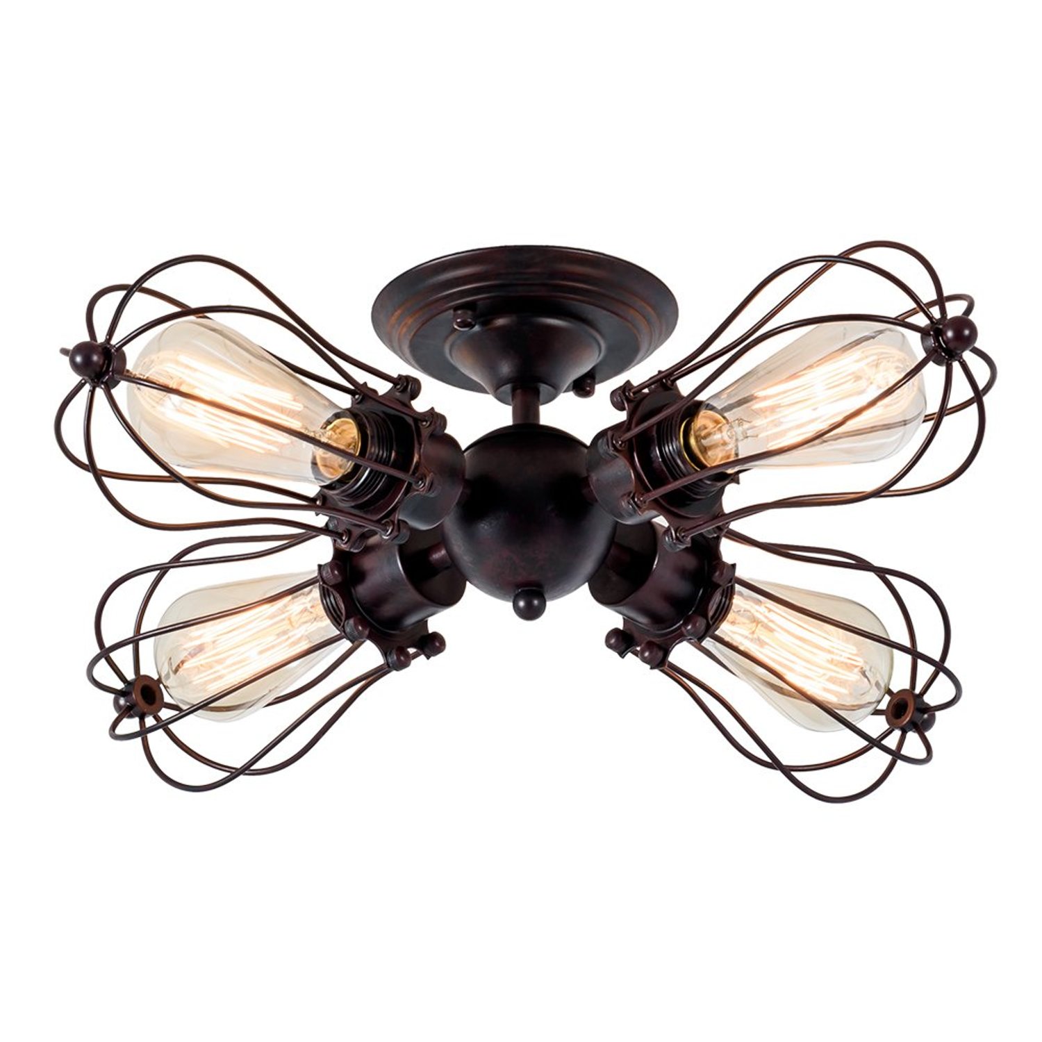 LULING Vintage Ceiling Light Industrial, Chandeliers E27 Socket Metal Wire Cage Lamp Semi-Flush Mount Rustic Ceiling Light Metal Lamp Fixtures (No Bulb) (with 4 Light) (Rust)