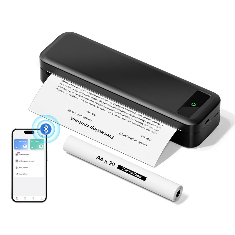 Portable Thermal Printer A4 Inkless Wireless Bluetooth Compatible with iOS, Android, Small Mobile Receipt Printer for Home Use, Office & School, 160 Sheets at Full Charge, With 1 Thermal Roll - Black