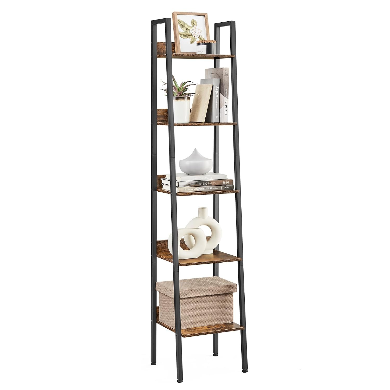 VASAGLE Ladder Shelf, 5-Tier Narrow Shelf, Bookshelf for Home Office, Living Room, Bedroom, Kitchen, Industrial, Rustic Brown and Ink Black LLS109B01