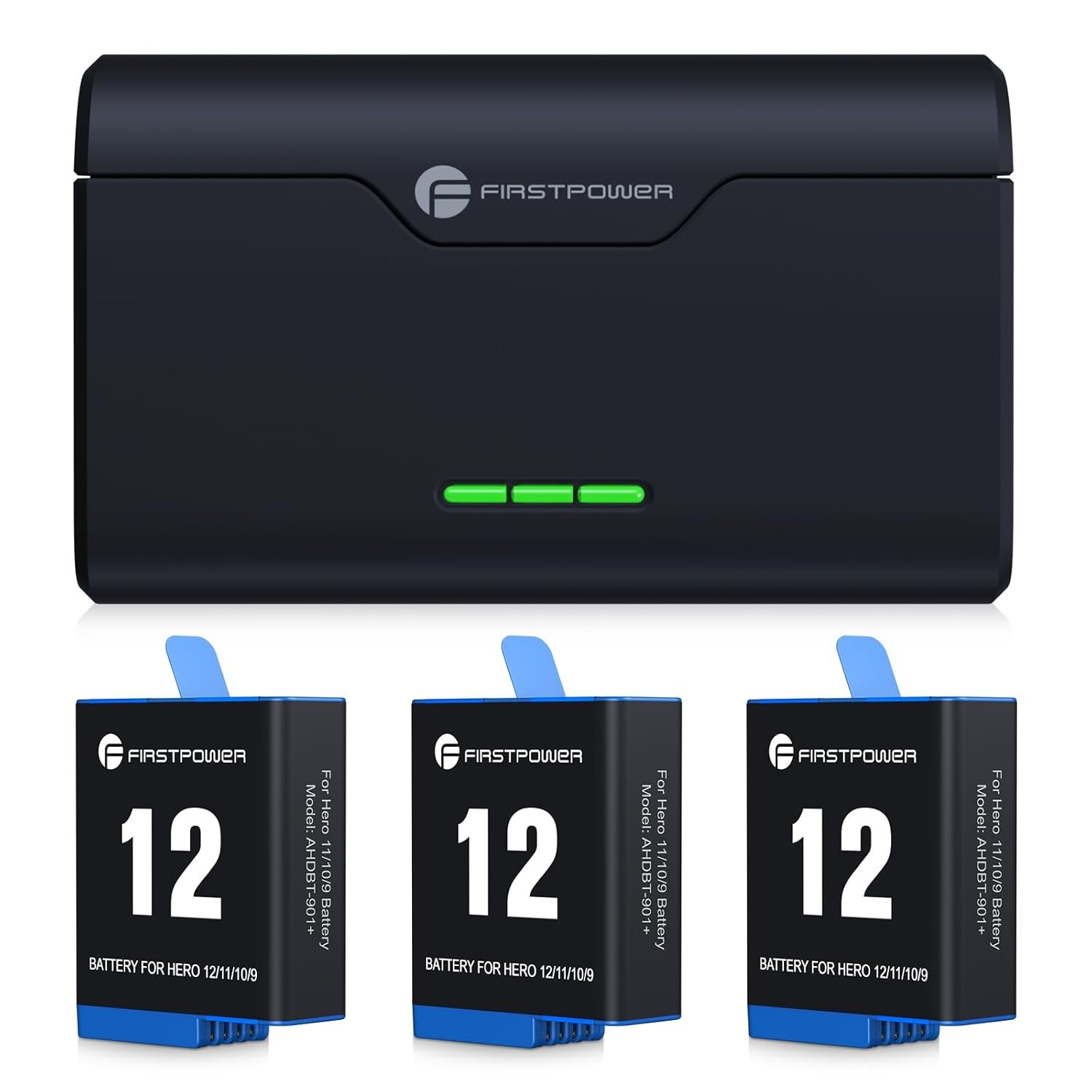 FirstPower Hero 12/11/10/9 Battery 3-Pack 2250mAh and Triple Slot USB Fast Charger Fully Compatible with Gopro Hero 12 11 10 9 Camera, Black