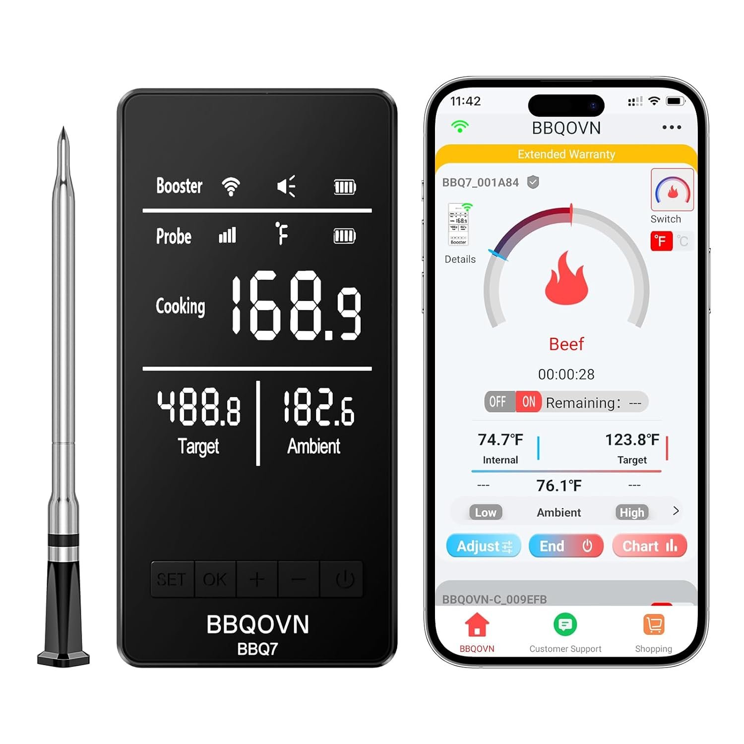 BBQOVN Unlimited WiFi Range Wireless Meat Thermometer with 7 NIST Sensors, Smart Base with Large Display, Industrial-Grade Sub-1G Probe & Smart APP Assistant for BBQ Grilling