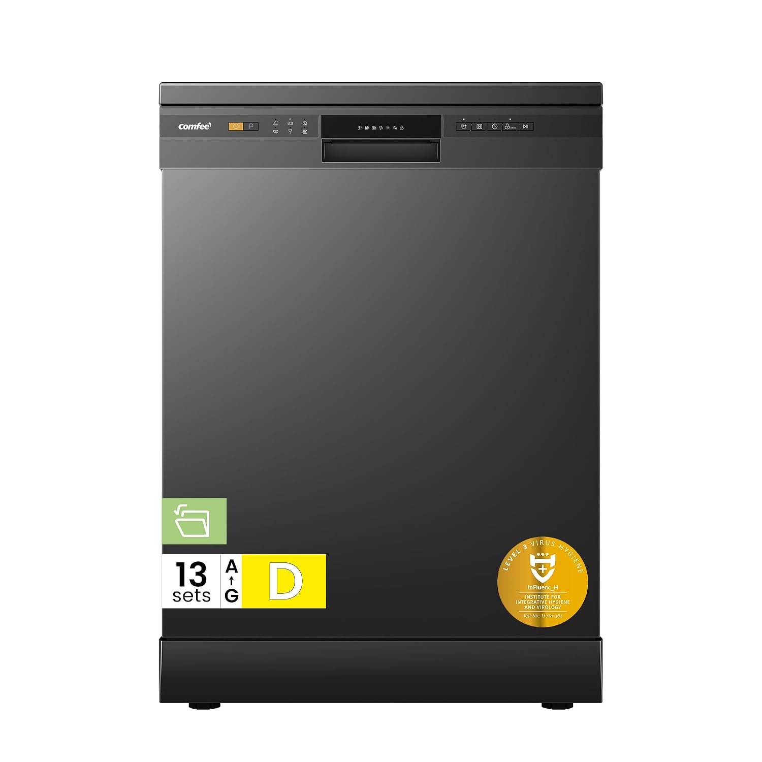 COMFEE' Dishwasher Freestanding with 13 Place Settings, New Upgraded Full Size Dishwasher 60cm Width, CDWPF1301PBD-UK, Auto Door Open Drying, Quick Wash, Hygiene Wash, Delay Start, Half Load -Black