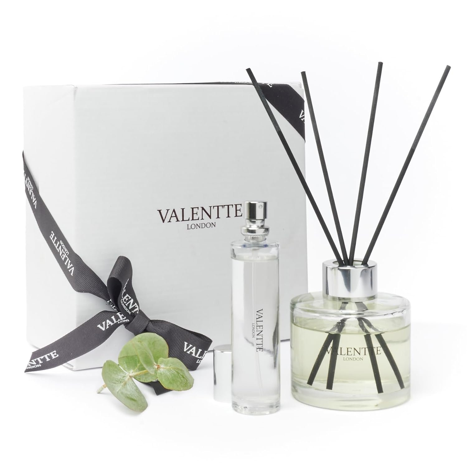 Valentte Luxury Scented Reed Diffuser & Room Mist Gift Set, Essential Oil Aroma for Home, Long Lasting Fragrance, Made in the UK (Patchouli & Eucalyptus 100ml & 30ml) – Gift for Her
