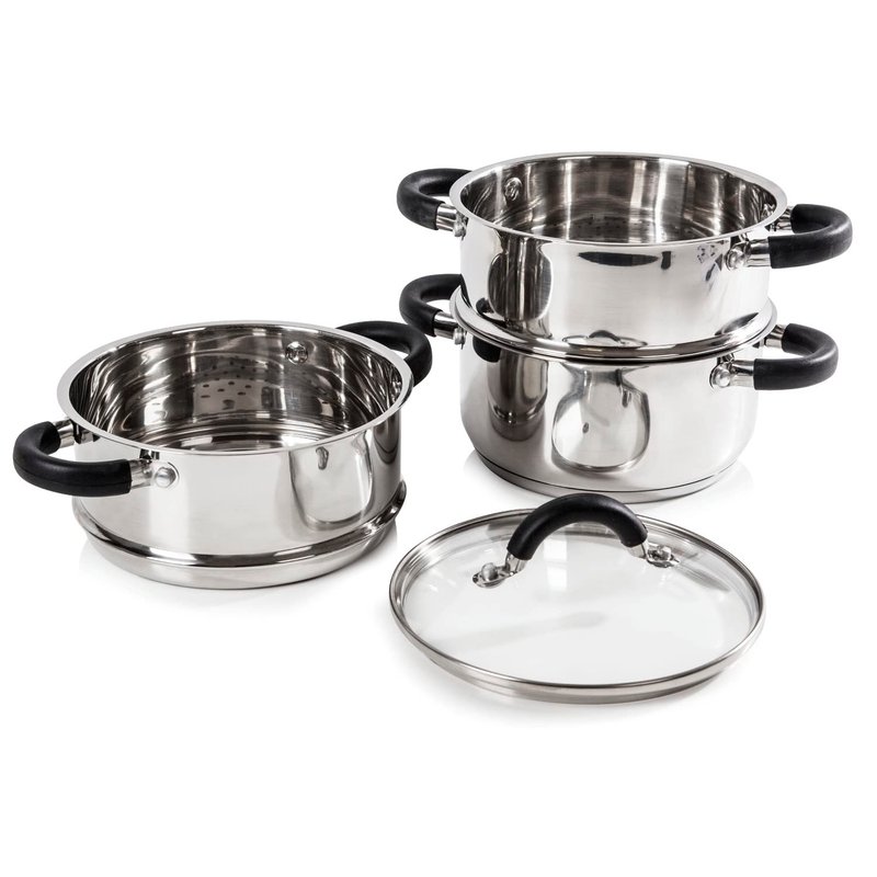 Tower T80836 3-Tier Steamer with Encapsulated Base and Tempered Glass Lid with Steam Release Vent, Induction Compatible, Stainless Steel, Silver