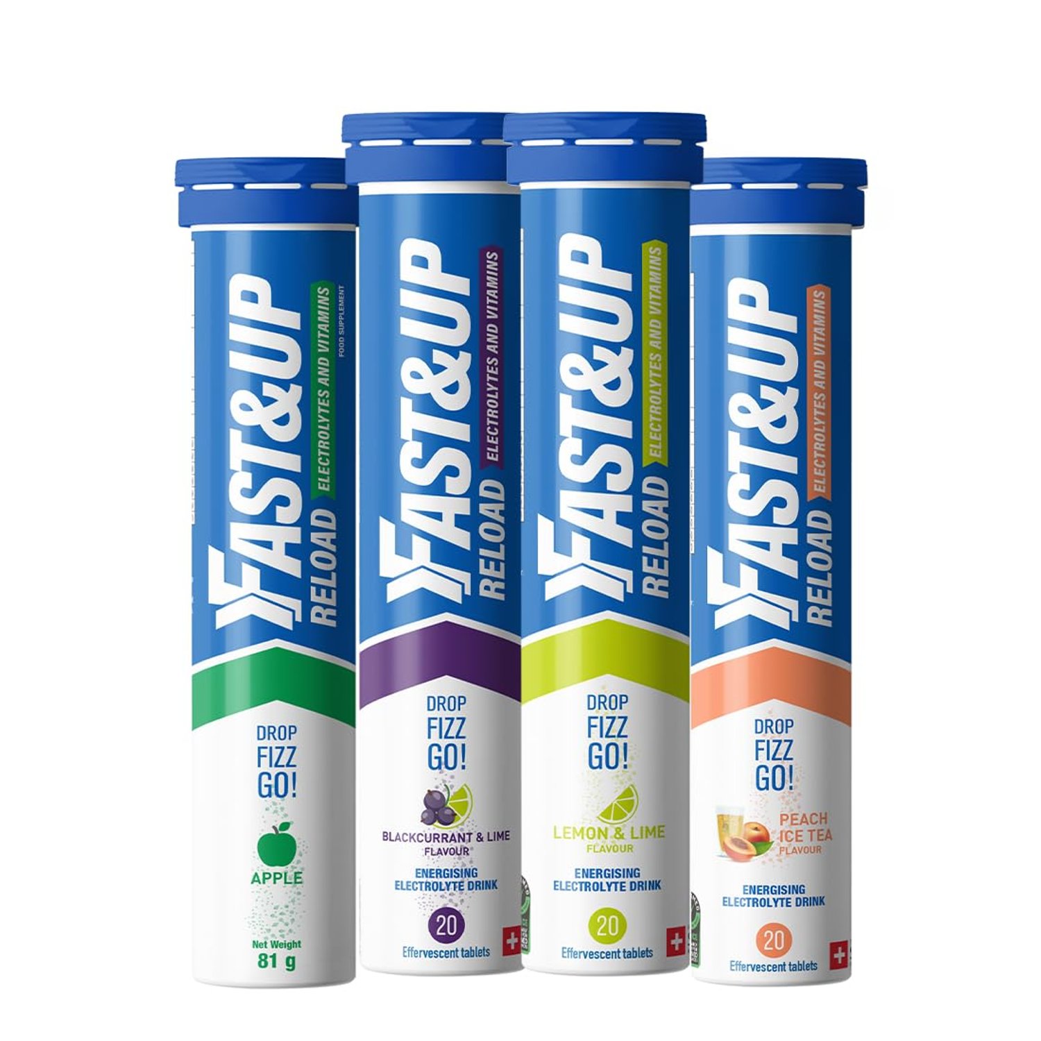 Fast&Up Reload – Energising Electrolyte Drink - Variety Pack - 80 Effervescent Hydration Tablets - Added Vitamin C & B12 - Vegan