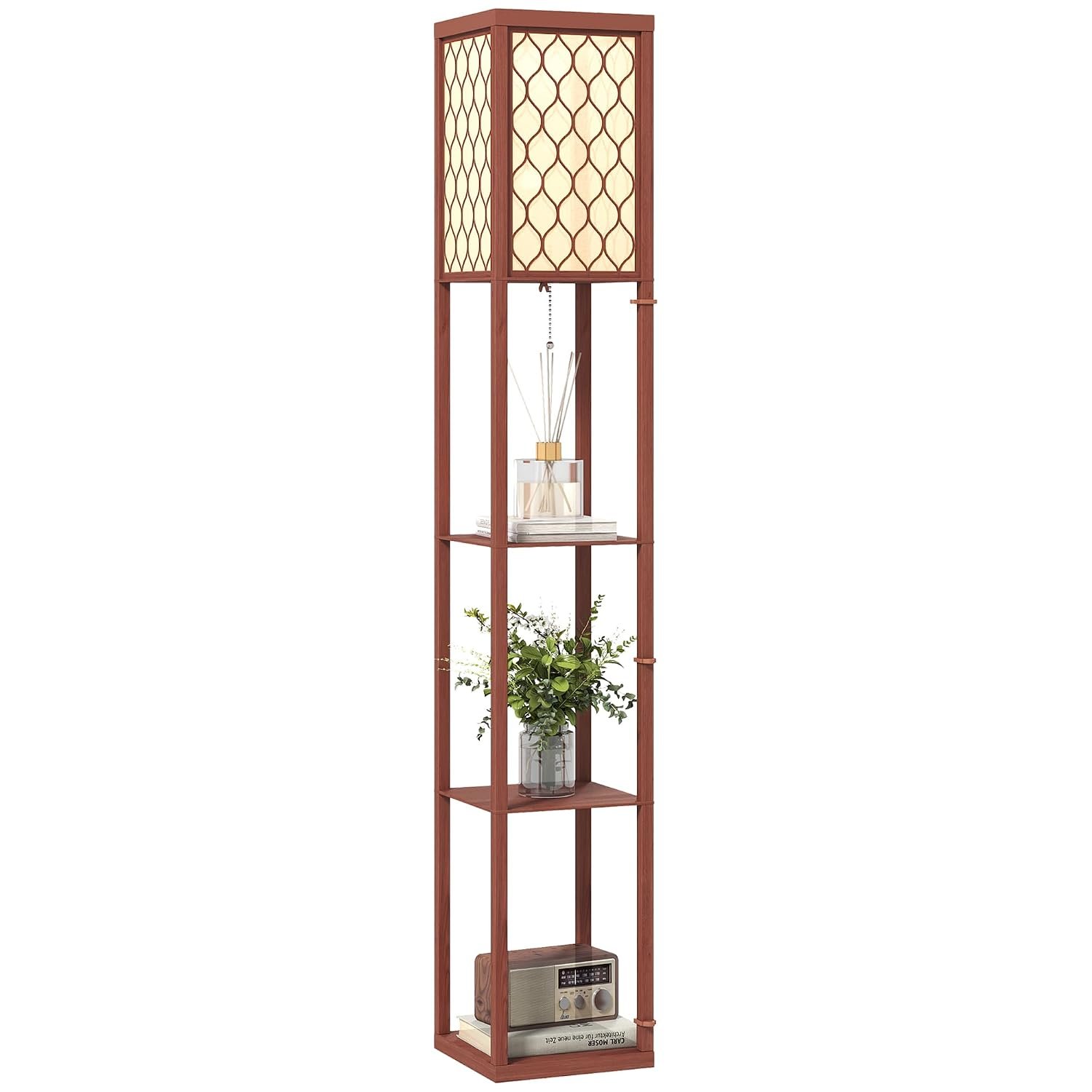 HOMCOM Floor Lamp with Shelves, Modern Tall Standing Lamps with Fabric Lampshade, Chain Switch and Single Light for Living Room, Bedroom, Bulb not Included, Brown