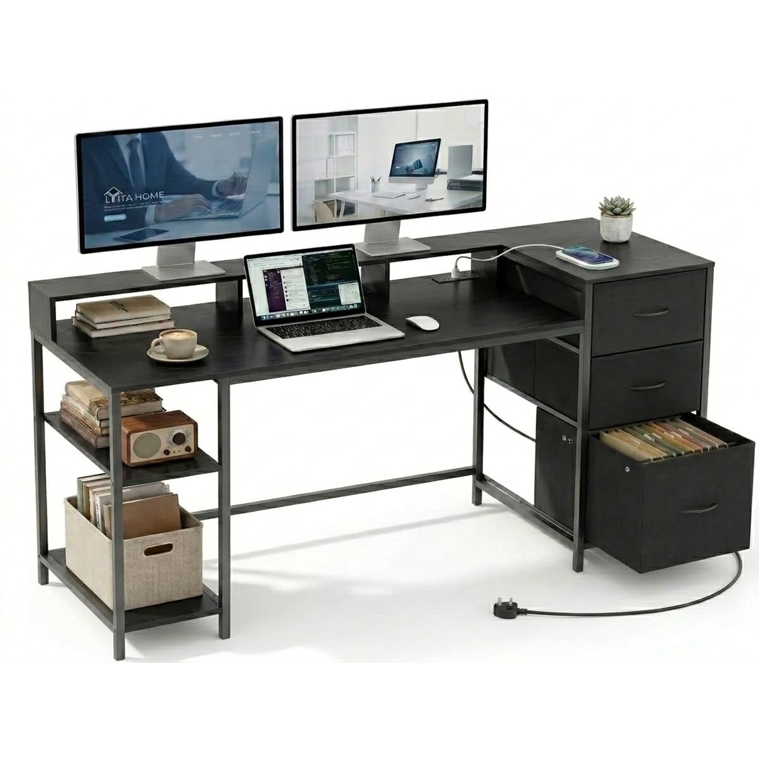 YITAHOME Computer Desk with Drawers Power Outlet, Home Office Desk with 2 Sockets & USB Ports, Computer Table with Storage & Shelves, Study Table Corner Desk with File Drawer, Black